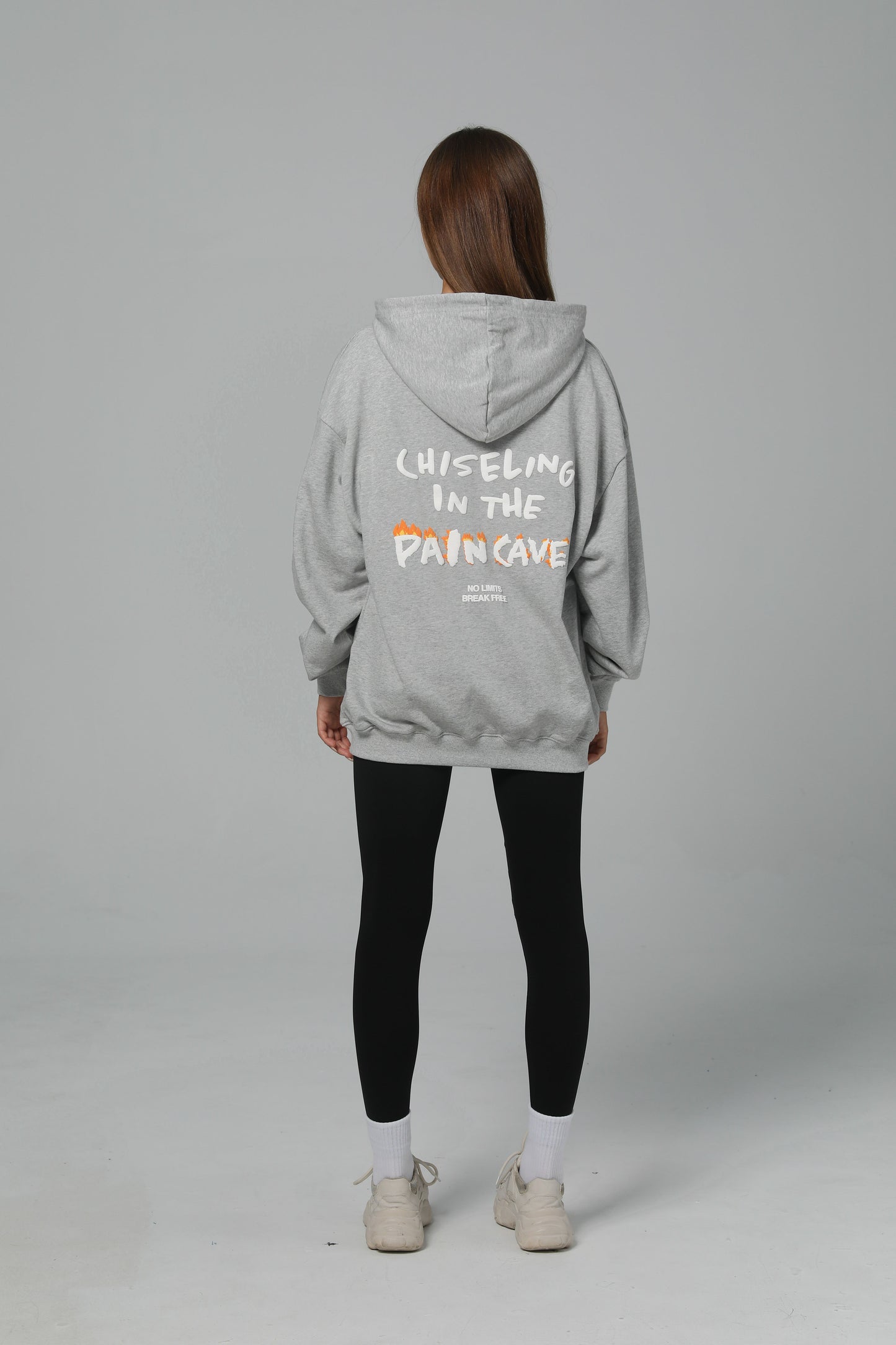CHISELING IN THE PAIN CAVE HOODIE - CLOUD GRAY - PUFF PRINT