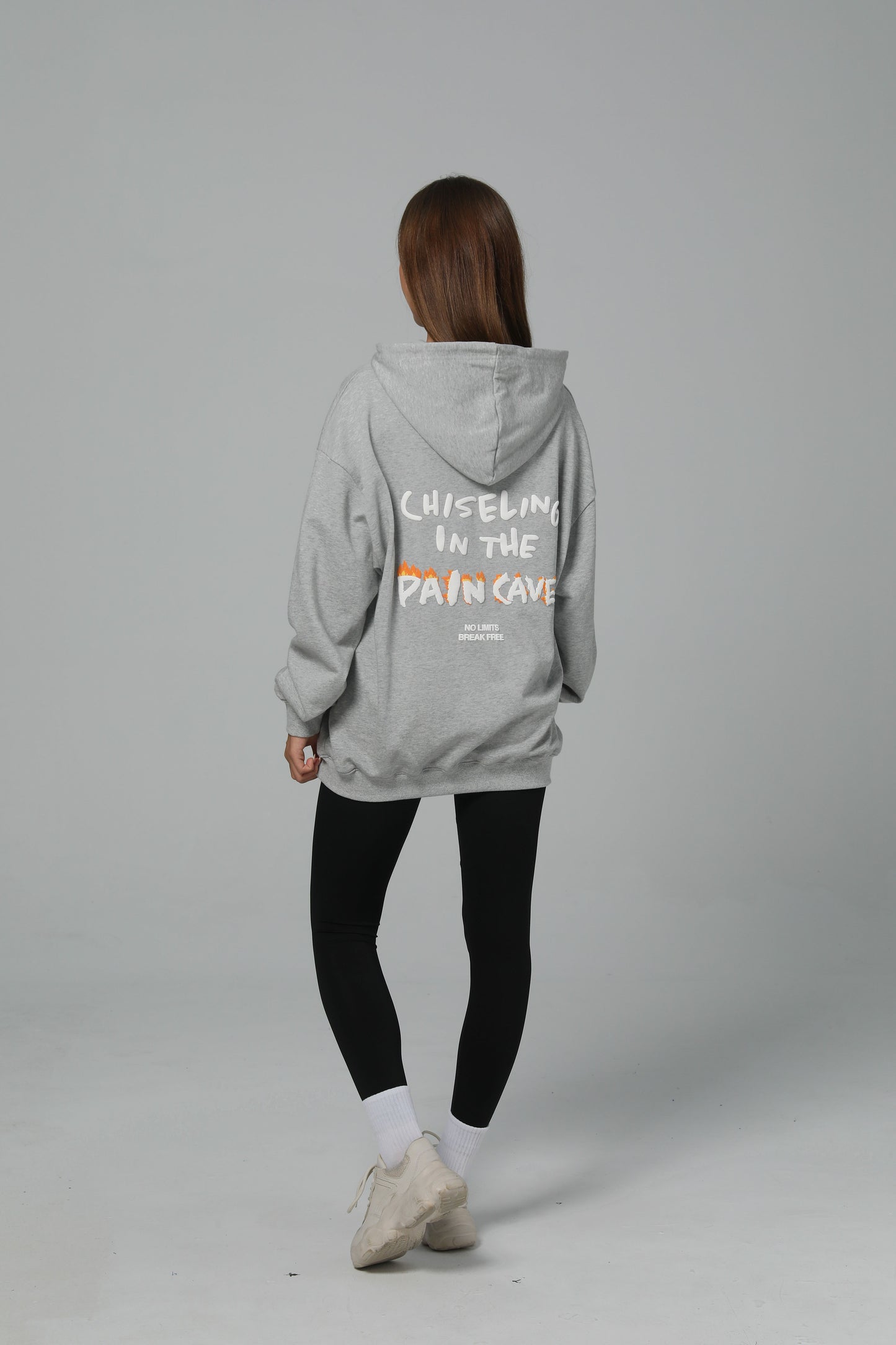 CHISELING IN THE PAIN CAVE HOODIE - CLOUD GRAY - PUFF PRINT