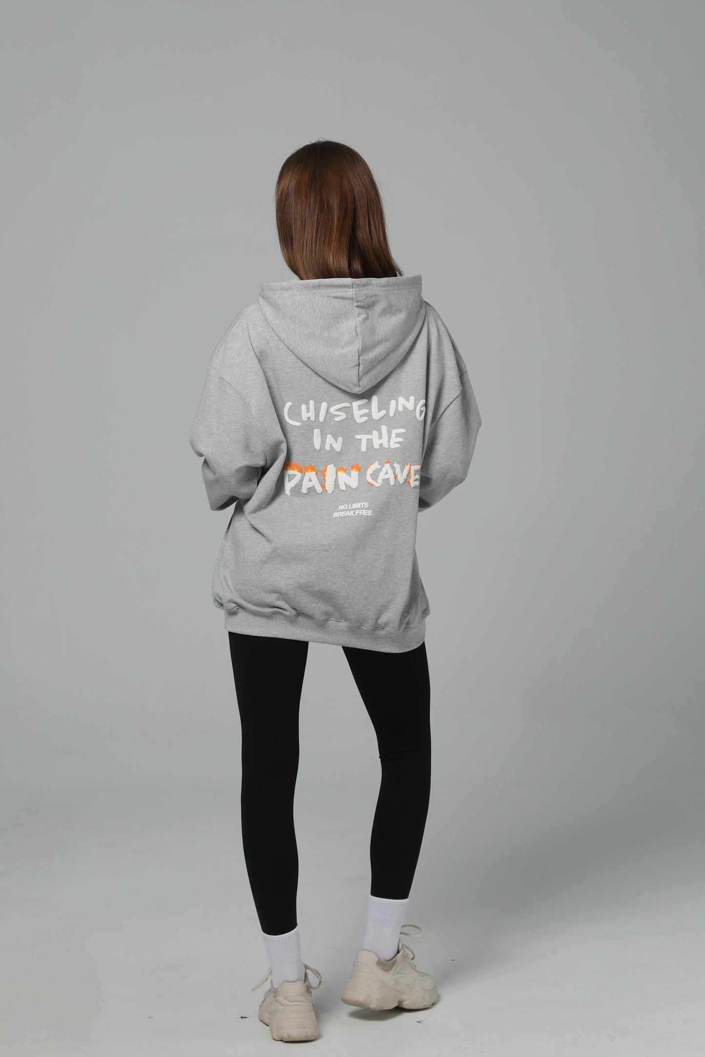 CHISELING IN THE PAIN CAVE HOODIE - CLOUD GRAY - PUFF PRINT