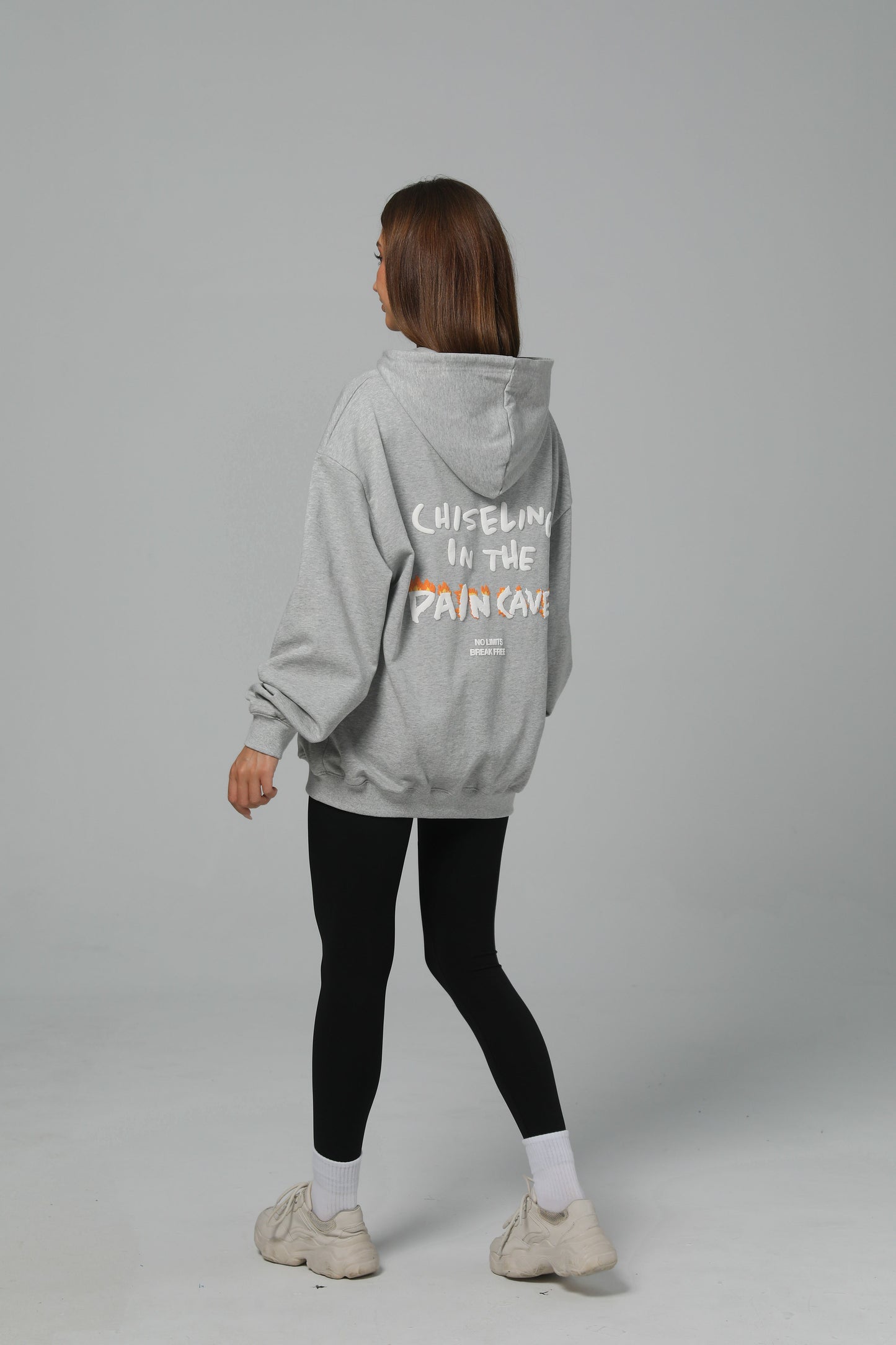 CHISELING IN THE PAIN CAVE HOODIE - CLOUD GRAY - PUFF PRINT