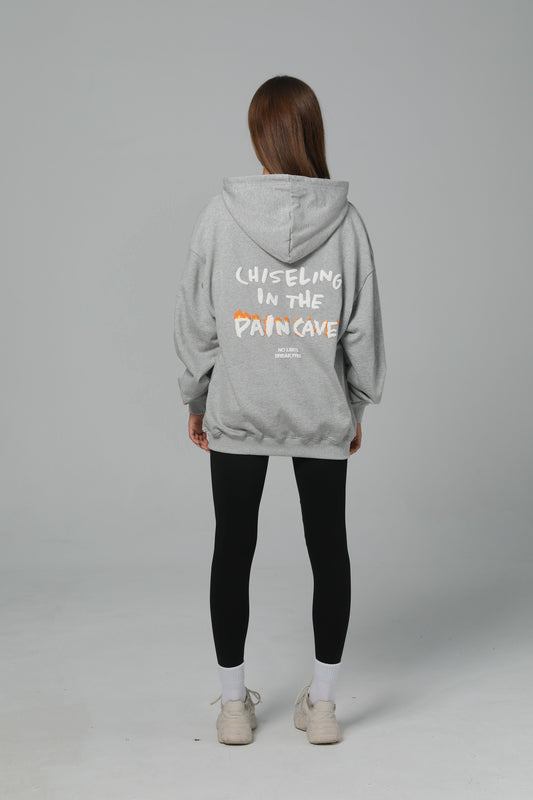 CHISELING IN THE PAIN CAVE HOODIE - CLOUD GRAY - PUFF PRINT