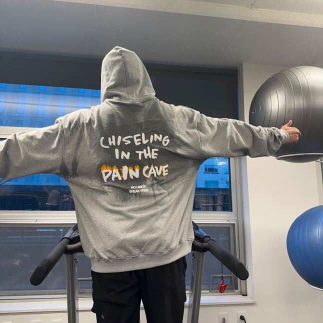 CHISELING IN THE PAIN CAVE HOODIE - CLOUD GRAY - PUFF PRINT